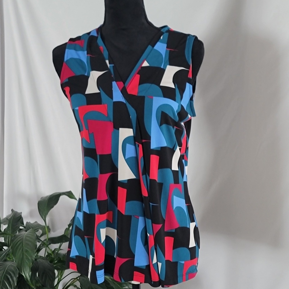 Dana Buchman Womens Geometric Abstract V-Neck Sleeveless Blouse Blue Pink S